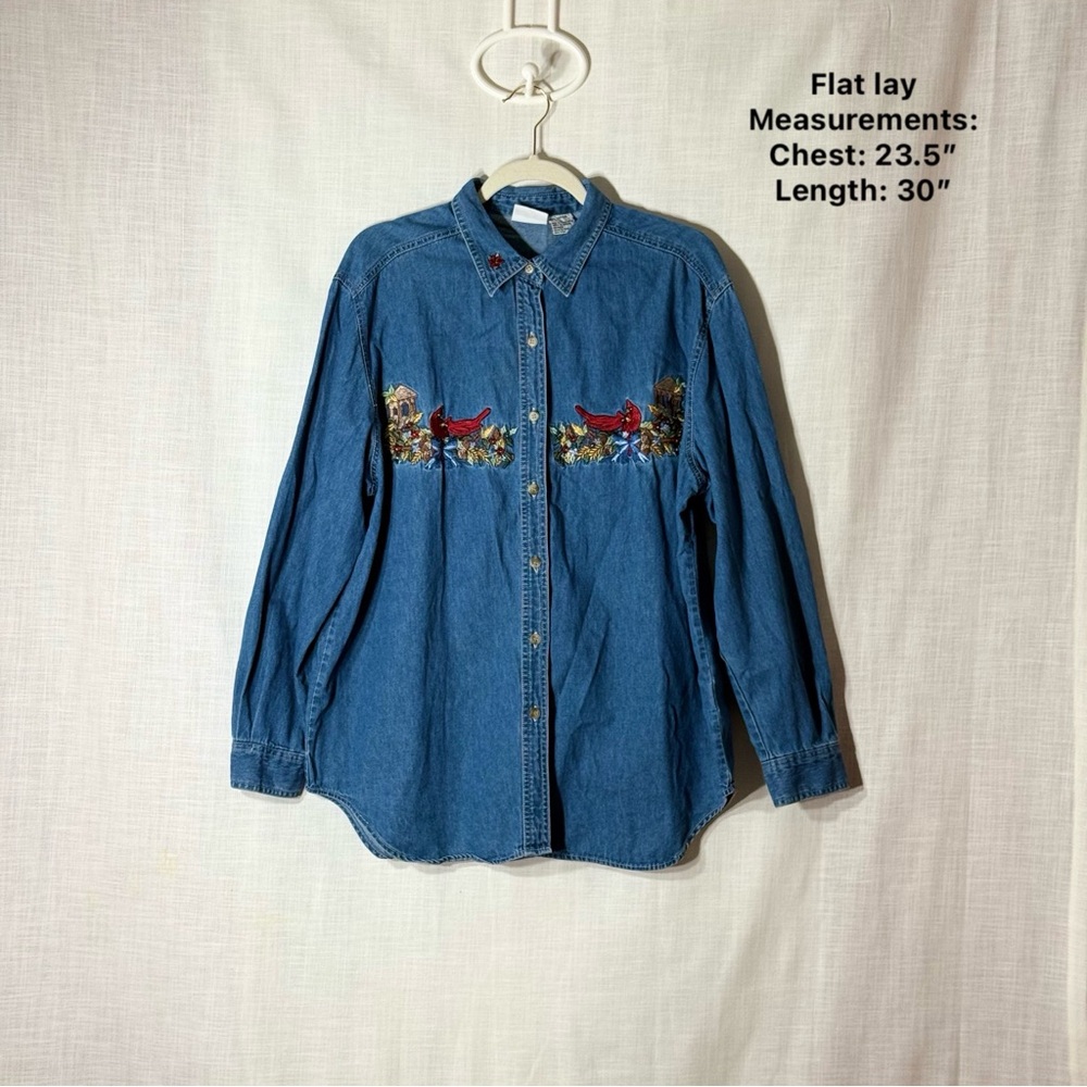 Vintage Bobbie Brooks Embroidered Cardinal Denim Button Up Shirt Size L